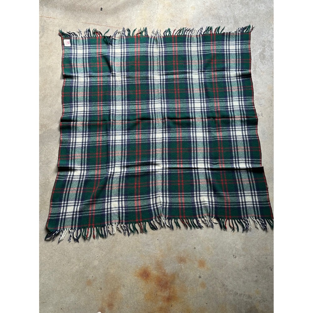 Vintage Troy Leisure Blanket Plaid Green Blue Red Fringe USA Made 50x56